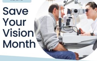 Image of an eye exam with the caption "save your vision month"